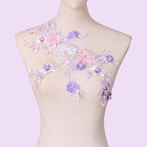 보라색 레이스 입체 자수 구슬 장식 테두리 의류 장식 DIY 수제 패치