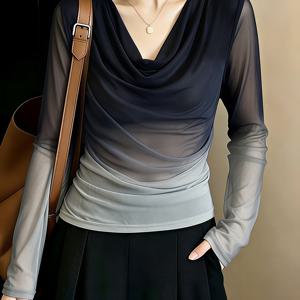 여성용 그라데이션 옴브레 스윙넥 메쉬 긴팔 탑, 슬림핏 러치드 허리 얇은 베이스레이어 셔츠, 통근용 엘레강스 티셔츠