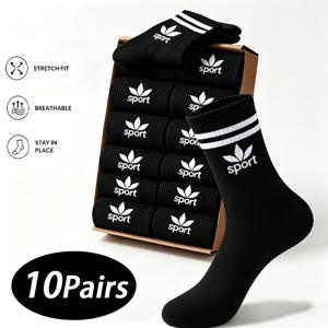 남녀공용 커플 중목 양말 10켤레 - 단색 사계절 데일리웨어, 스포츠, 아웃도어용 | 통기성 좋은 심플한 캐주얼 양말, 손세탁 가능, 신학기용 (블랙/화이트)