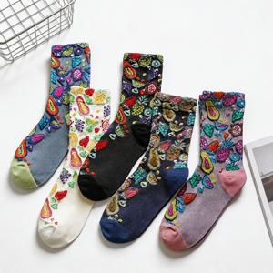 5켤레 여성용 미드-카프 양말, 컬러 블록 과일 패턴 재미있는 탄성 디자인, 크리에이티브 패셔너블 하이-비 여성용 양말, 봄/가을 얇고 통기성 좋은 편안한 땀 흡수 양말, 스포츠 캐주얼 스트리트 스타일 프레피 엘레강스 여성용 롱 양말