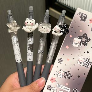 장식용 패치 4개입 흑백 귀여운 고양이 지우개식 클릭 젤펜, 학생용 수학시험 연습 및 필기용 0.5mm 검정색 지우개 젤잉크 펜