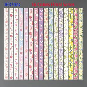 1037매 팩 16-색상 신선한 꽃무늬 행운의 별 종이 접기 스트립, 성인 DIY 공예, 소원병 장식, 스크랩북용 종이, 선물 상자 필러, 가정 용품용 꽃무늬 별 종이 시트에 적합