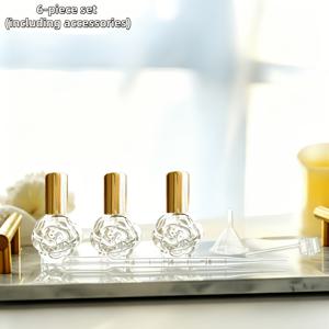 6개 세트(액세서리 포함), 장미 모양 디자인, 10ml 투명 유리 향수병, 빈병, 분무기, 리필 가능한 유리 스프레이 병, 에센셜 오일 병, 세럼 병, 깔때기, 빨대, 디스펜서 포함, 휴대용 여행용 향수병. 리필 가능한 화장품 용기 키트
