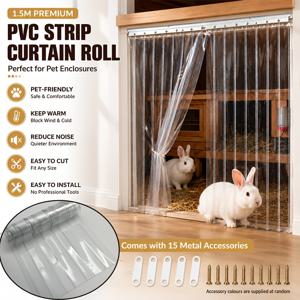 1.5M PVC 스트립 도어 커튼 (15개 금속 부착 포함) - 투명한 유연한 원단, 고양이, 강아지, 새, 토끼, 기니피그에 적합, 바람, 먼지, 소음 차단, 간편한 후크 설치, 길이 조절 가능, 소형, 중형