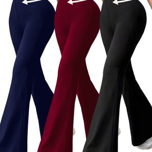 3개 여성용 하이웨이스트 플레어 팬츠 - 댄스 및 캐주얼 착용에 적합한 신축성 있고 편안하며 스타일리시함 - 단색 (네이비, 버건디, 블랙) - 집과 야외 활동에 완벽한 바지