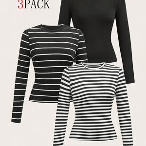 3pcs 세트 가을 겨울 라운드넥 긴팔 티셔츠 여성 바디콘 허리 주름 짧은 길이 베이스 레이어 레트로 인너 탑