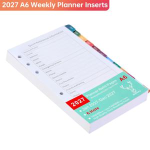 2027 플래너 리필용지, A5/A6 사이즈, 6구멍 펀치, 12개 월별 가르개 탭, 두꺼운 종이, 주간 및 월간 캘린더 인서트, 중요한 날짜, 주소 포함, 6링 바인더와 호환