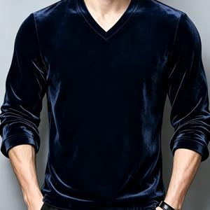 남성용 봄, 가을, 겨울 순수 캐주얼 부드러운 골든 벨벳 솔리드 컬러 V넥 긴팔 티셔츠 보온 베이스 레이어 상의