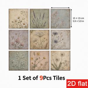 2D 플랫 9개 15X15Cm (5.9X5.9In) 슬레이트 타일 스티커 스타일리시 - 주방 백스플래시, 커피 코너, 욕실, 거실용 필 앤 스틱 벽 타일 - 3D 플로럴 패턴, 간편한 필 앤 스틱, 제거 가능, 잔여물 없음