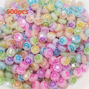 500개 야광 아크릴 비즈 - 모양 (별, 달, 하트, 꽃) DIY 주얼리 만들기, 우정 팔찌, 이름 목걸이 & 창의적인 공예용 - 크리스마스 & 새해 선물에 완벽, 주얼리 만들기용 비즈