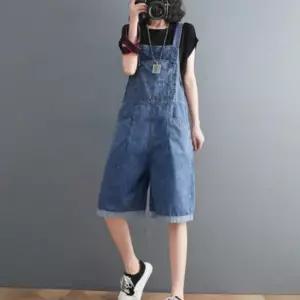 여성 여름 반바지 캐주얼 멜빵 데님 절개 와이드 청